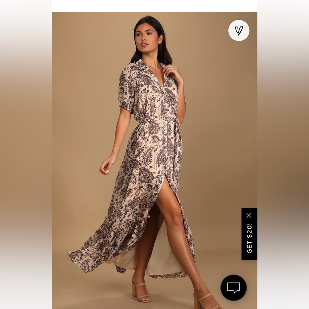 Lulu’s Taking in the Magic Cream Paisley Print Button-Up Maxi Dress